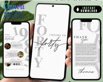 40th Evite Birthday for Men, Modern Adult Men Invite 40th Birthday Evite, Elegant Bday Party Invitation, Editable Canva Digital for Her Him