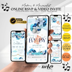 ベビーシャワーのウェブサイトRSVP：追跡可能なRSVP付きの青いCan Bearly Wait招待状、テディベア、カウントダウンタイマー付き音楽付きのあなただけのベビーシャワー