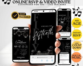 May include: A digital invitation design for a 50th birthday party, featuring a modern and minimalist style. The design uses a black and white colour scheme with the text "Cheers to Fiftieth" and "Online RSVP & Video Invite". Includes RSVP trackable and live countdown features.
