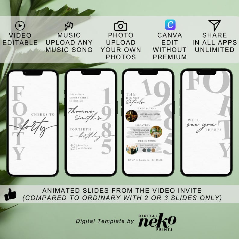40th Birthday Invitation Editable 40th invite Black invitation Simple Elegant For Him or Her Instant Download Printable, Digital Men Birthday Invitation, Invitation for Men, Animated Invite, Mobile & Editable, 40th birthday invitation digital, 40th invite for him, 40th Birthday Card Invite, Men birthday invite, Men Digital Invite  by DigitalNekoPrints