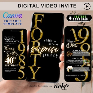 Gold Surprise Party Invitation for Men: Minimalist Black 40th Men Birthday, Modern Formal 40th Husband Party, Canva Editable Evite for Him