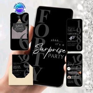 Black Digital 40th Surprise Party Invite for Him: Minimalist 40th Surprise Invite Man Woman, Shhh Party Invite Husband (Digital Download)