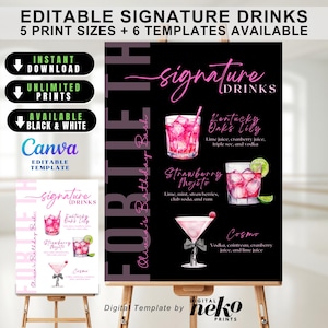 Puede incluir: Una plantilla digital en negro y rosa para cócteles de autor, con tres recetas: Kentucky Oaks Lily, Strawberry Mojito y Cosmo. El diseño incluye el texto "FORTIETH Olivia's Birthday Bash."