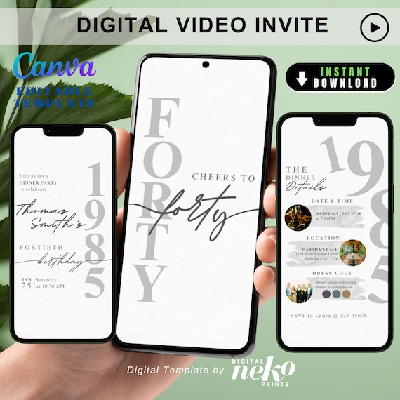 Elegant Digital 40th, Women 40th Birthday, Digital 40th Invite Mobile Modern 40th Birthday, Mens 40th Invitation Him, Male 40th Invitation