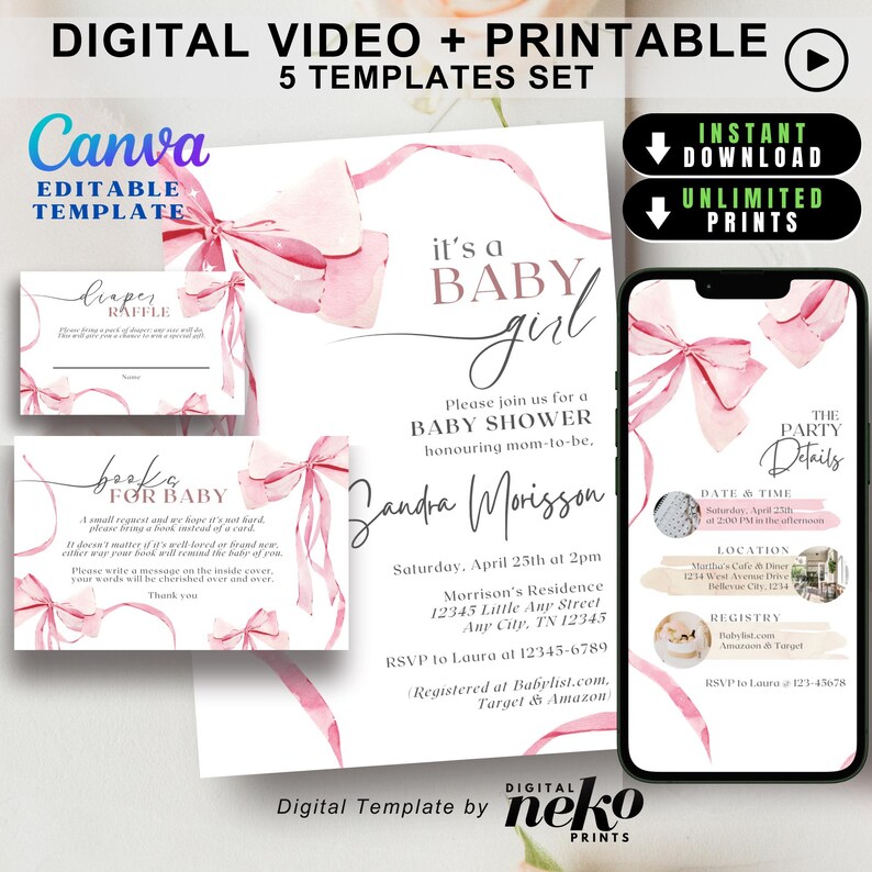 Modern Blush Pink Bow Baby Shower Invitation Template, Baby Girl Shower ...