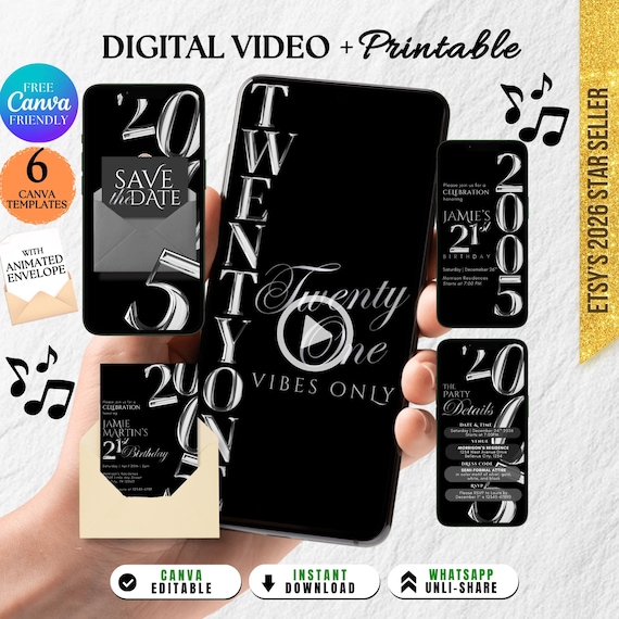 21st Birthday Digital Invitation for Him: Black Chrome Metallic Twenty First Evite, Birthday Party Modern Hello 21 Evite (Digital Download)