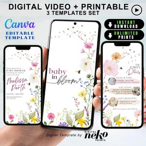 Bloemen uitnodigen baby in bloei kaart afdrukbare, elegante wilde bloemen babyshower digitale video-uitnodiging meisje Oh babyshower Evite bewerkbaar