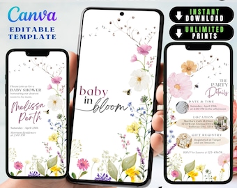 Floral Invite Baby In Bloom Card Printable, Elegant Wildflower Baby Shower Digital Video Invitation Girl Oh Baby Shower Evite Canva Editable