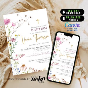 Wilde Blume Taufe einladen, Für Mädchen Sommer Taufe E-einladen, Elegante Taufe Text einladen, Moderne Blumentaufe Evite, Canva DIY