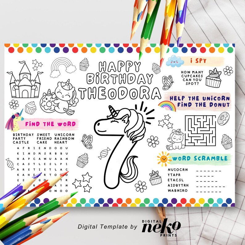 Printable Unicorn Party Coloring Placemat, Girl Birthday Party Placemat ...