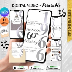 Elegant Birthday Evite 60th Digital Invite for Women, Editable Birthday Invite Men, Phone Video Birthday Evite, Ladies 60th Birthday Invite