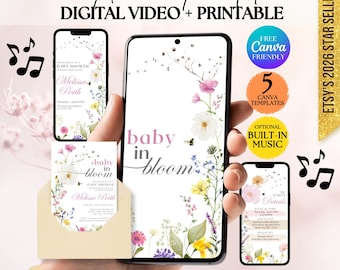 Floral Invite Baby In Bloom Card Printable: Elegant Wildflower Baby Shower Digital Video Invitation Girl Oh Baby Shower (Digital Download)