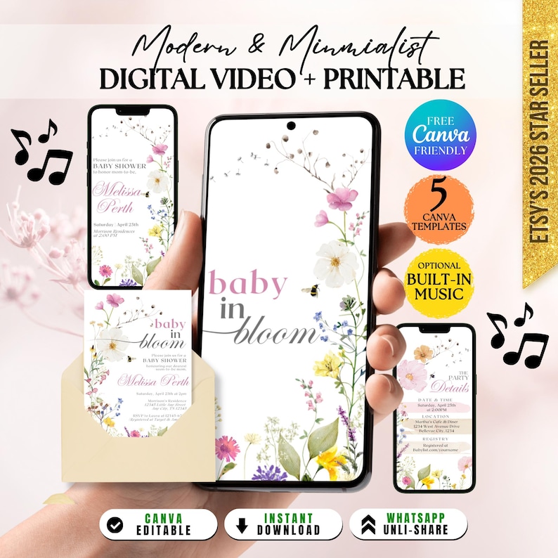 Baby In Bloom Invitation | Baby Shower Invitation Template | Floral Spring Summer Baby Shower, Baby in Bloom Invitation, Wildflowers Baby Shower Invitation, Purple Pink Flower Invitation, Wild Flower Invite, Floral Baby Brunch Invite, Baby in Bloom Invitation, Boho Arch Floral Baby Shower Invitation, Pink Flower Invitation, Spring Baby Shower Invite, Girl Baby, Wildflower Baby Shower Invite, Muted Pink Boho Spring Flowers Baby Shower Invitation by DigitalNekoPrints
