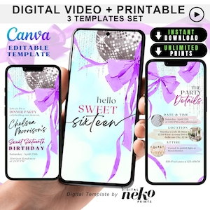 Purple Sweet Sixteen Invite: Hello 16th Birthday Party Invite with Modern Purple Coquette Bow Evite with Elegant Sparkly Disco Ball DIY
