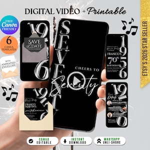70th Birthday Invitation: Sterling Silver 70th Invite Download, Cheers to Seventy Printable & Video w/ Animated Envelope (Digital Download)