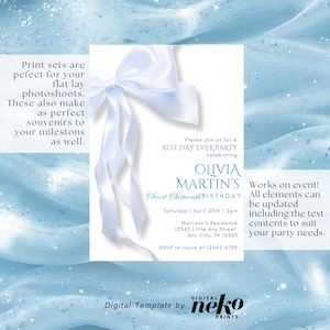 Blue Bow Birthday Invitation: Coquette Party Invite, Canva Template (Digital Download), Watercolor Blue Bow Birthday Invitation Elegant Blue Ribbon Invite Coquette Girl First 1st Boy 13th Birthday Party Bow Theme EDITABLE, Digital Sweet 16th Birthday Invitation, Animated Sweet Sixteen Party Invite, Blush Pink Teen Evite, Editable Itinerary & Thank You eCard, Rose Gold Invitation, Balloons, 16th Birthday Invitation, Animated 16th Party Invite by DigitalNekoPrints