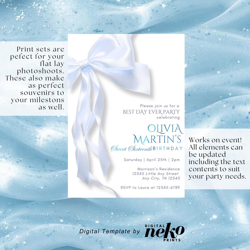 Blue Bow Birthday Invitation: Coquette Party Invite, Canva Template (Digital Download), Watercolor Blue Bow Birthday Invitation Elegant Blue Ribbon Invite Coquette Girl First 1st Boy 13th Birthday Party Bow Theme EDITABLE, Digital Sweet 16th Birthday Invitation, Animated Sweet Sixteen Party Invite, Blush Pink Teen Evite, Editable Itinerary & Thank You eCard, Rose Gold Invitation, Balloons, 16th Birthday Invitation, Animated 16th Party Invite by DigitalNekoPrints