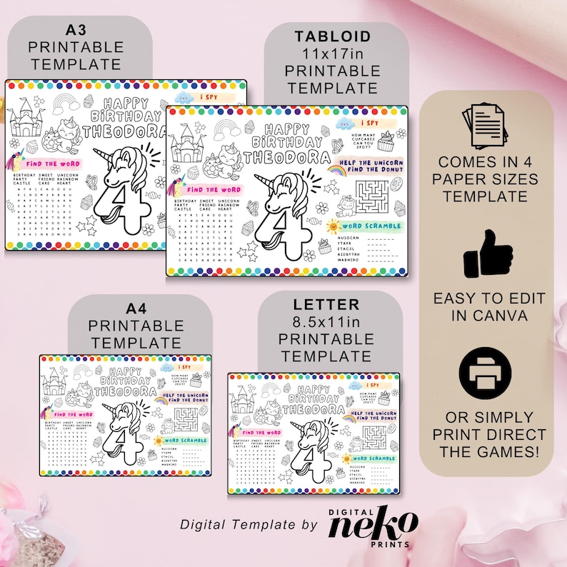 Printable Unicorn Party Coloring Placemat, Girl Birthday Party Placemat ...