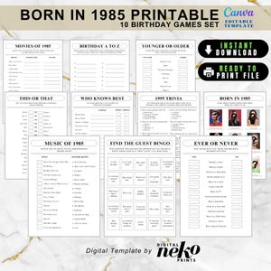 Peut inclure: Un ensemble de 10 jeux d'anniversaire imprimables pour les personnes nées en 1985. Les jeux comprennent "Films de 1985", "Anniversaire de A à Z", "Plus jeune ou plus âgé", "Ceci ou cela", "Qui connaît le mieux", "Quiz de 1995", "Né en 1985", "Musique de 1985", "Bingo des invités" et "Jamais ou toujours".