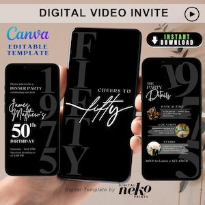 Invito moderno per il 50° compleanno per uomo, invito minimalista per il 50° compleanno per lui, invito elegante per il 50° compleanno per uomo, video animato modificabile Canva