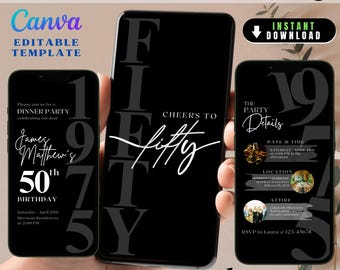 Modern 50th Invite for Men, Minimalist 50Th Birthday Invite for Him, Elegant 50th Birthday for Men Invitation, Canva Editable Animated Video