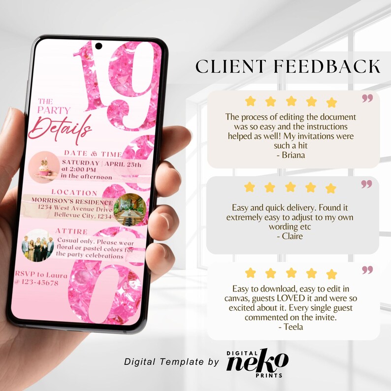 Pink 30th Invite, 30th Birthday Party Invitation, Rose Gold Pink Balloons, Digital 30th Glam Dinner Invite Template, Diamond Video Editable Brunch Itinerary, Digital 30th Birthday Invitation, 30th E-Invite, 30th Birthday Evite, 30th Party Invitation, Digital 30th Invitation, Digital Invitation, Digital 30th Birthday Party Video Invitation, 30th Glam Invite, Animated Black Gold Silver Diamond Evite, Self Editable Itinerary eCard by DigitalNekoPrints