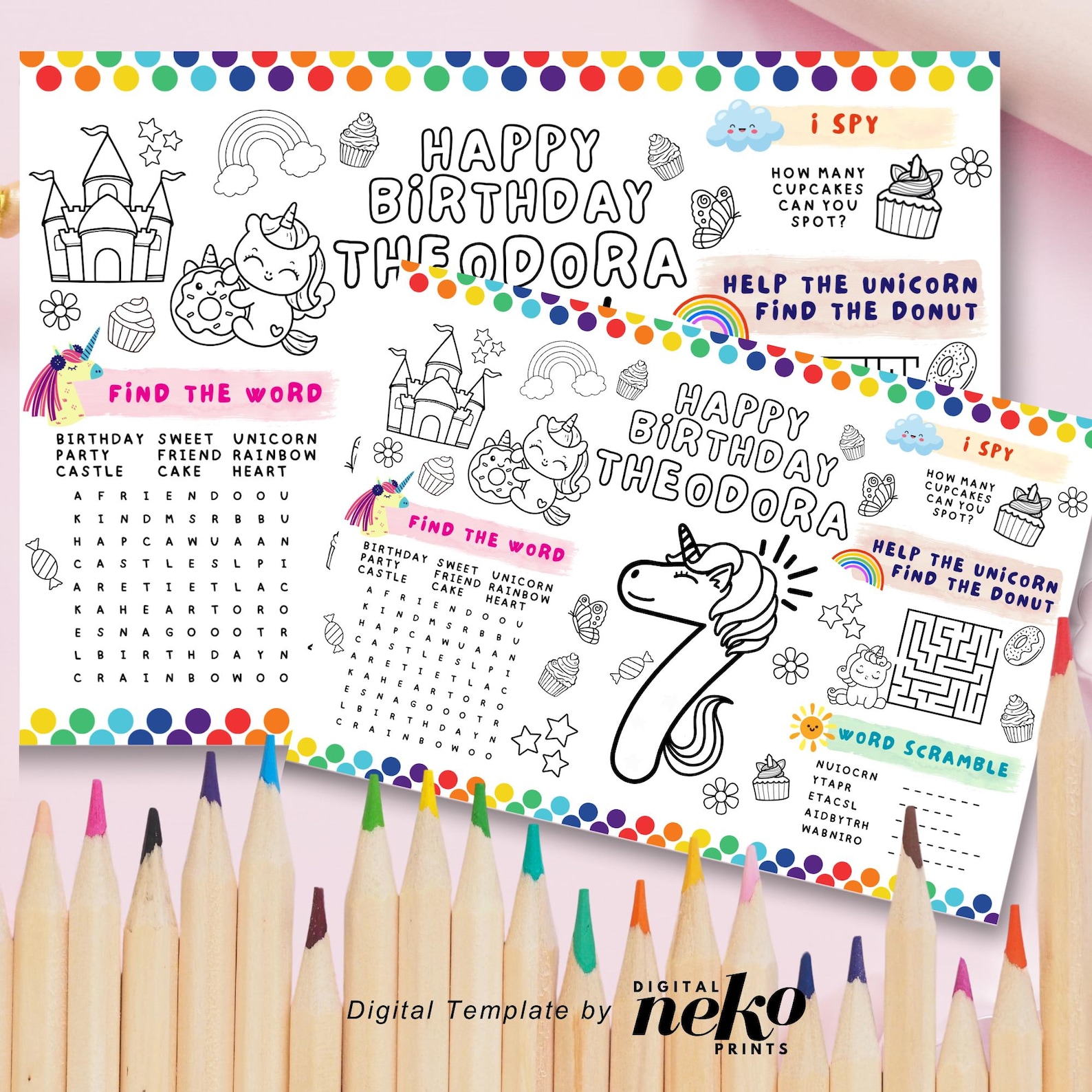 Printable Unicorn Party Coloring Placemat, Girl Birthday Party Placemat ...