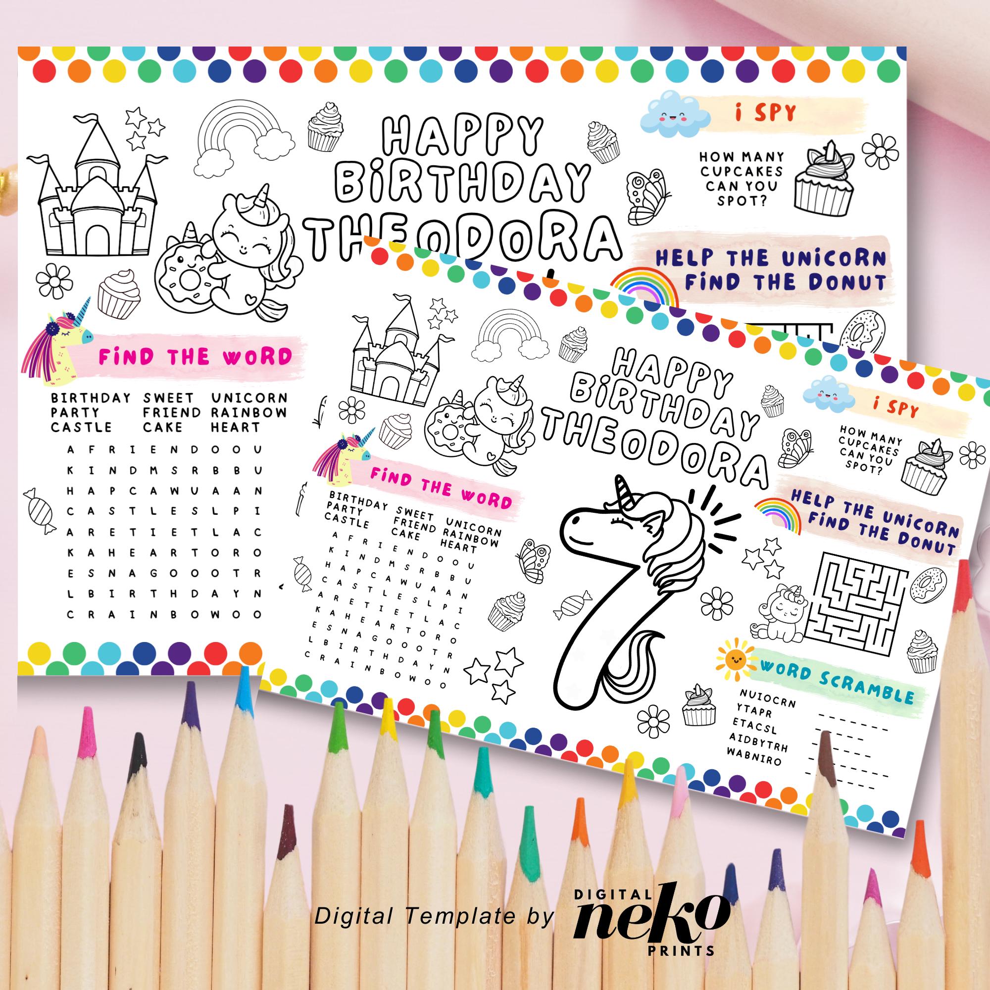 Printable Unicorn Party Coloring Placemat, Girl Birthday Party Placemat ...