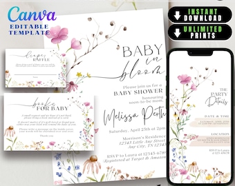 Baby in Bloom Baby Shower Invitation Bundle Set, Wildflower Baby Shower Invite, Digital Flower Bloom Boho Floral Spring Baby Shower Evite