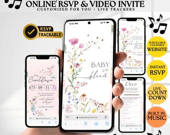 Baby in Bloom RSVP Invitation: Online RSVP Baby Shower Website, Scrollable & Live Tracker Wildflower Theme Custom For You w/ Countdown Timer