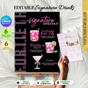 Editable Pink Drinks Bar Sign: 40th Birthday Drinks Menu Poster, Customizable Modern Drinks List with Garnish Bar Menu (Digital Download)