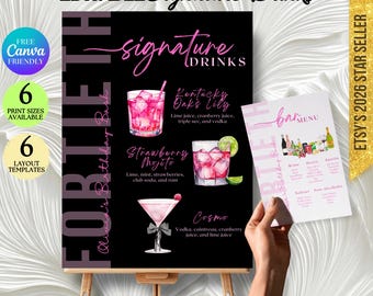 Editable Pink Drinks Bar Sign: 40th Birthday Drinks Menu Poster, Customizable Modern Drinks List with Garnish Bar Menu (Digital Download)