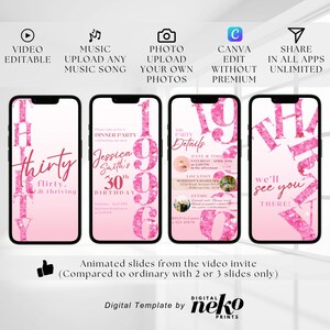 Pink 30th Invite, 30th Birthday Party Invitation, Rose Gold Pink Balloons, Digital 30th Glam Dinner Invite Template, Diamond Video Editable Brunch Itinerary, Digital 30th Birthday Invitation, 30th E-Invite, 30th Birthday Evite, 30th Party Invitation, Digital 30th Invitation, Digital Invitation, Digital 30th Birthday Party Video Invitation, 30th Glam Invite, Animated Black Gold Silver Diamond Evite, Self Editable Itinerary eCard by DigitalNekoPrints