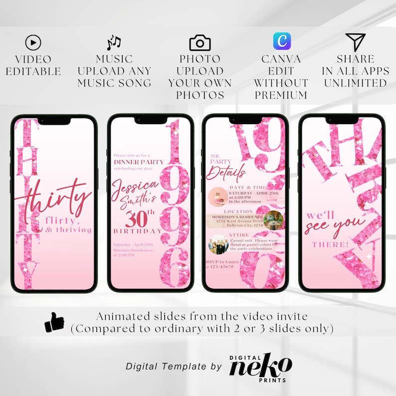 Pink 30th Invite, 30th Birthday Party Invitation, Rose Gold Pink Balloons, Digital 30th Glam Dinner Invite Template, Diamond Video Editable Brunch Itinerary, Digital 30th Birthday Invitation, 30th E-Invite, 30th Birthday Evite, 30th Party Invitation, Digital 30th Invitation, Digital Invitation, Digital 30th Birthday Party Video Invitation, 30th Glam Invite, Animated Black Gold Silver Diamond Evite, Self Editable Itinerary eCard by DigitalNekoPrints