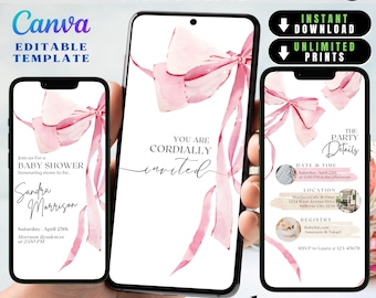 Digital Baby Shower Invitation Girl, Baby Pink Bow Invite, Watercolor Blush Pink Coquette Baby Shower Invite Mobile Animated & Printable,