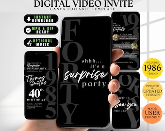 Digital 40th Surprise Party Invite for Him, Minimalist 40th Surprise Invite Man Woman, Shhh Party Invite Husband 40th Black Invite Template