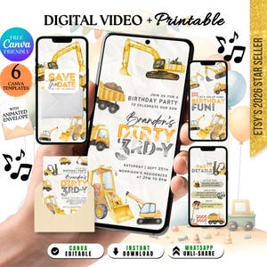 Truck Construction Invite: Birthday Tractor Invitation Card Boy, Dirty 3rd-y Birthday Party Invite Video Printable Canva (Digital Download)