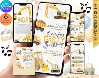Truck Construction Invite: Birthday Tractor Invitation Card Boy, Dirty 3rd-y Birthday Party Invite Video Printable Canva (Digital Download)