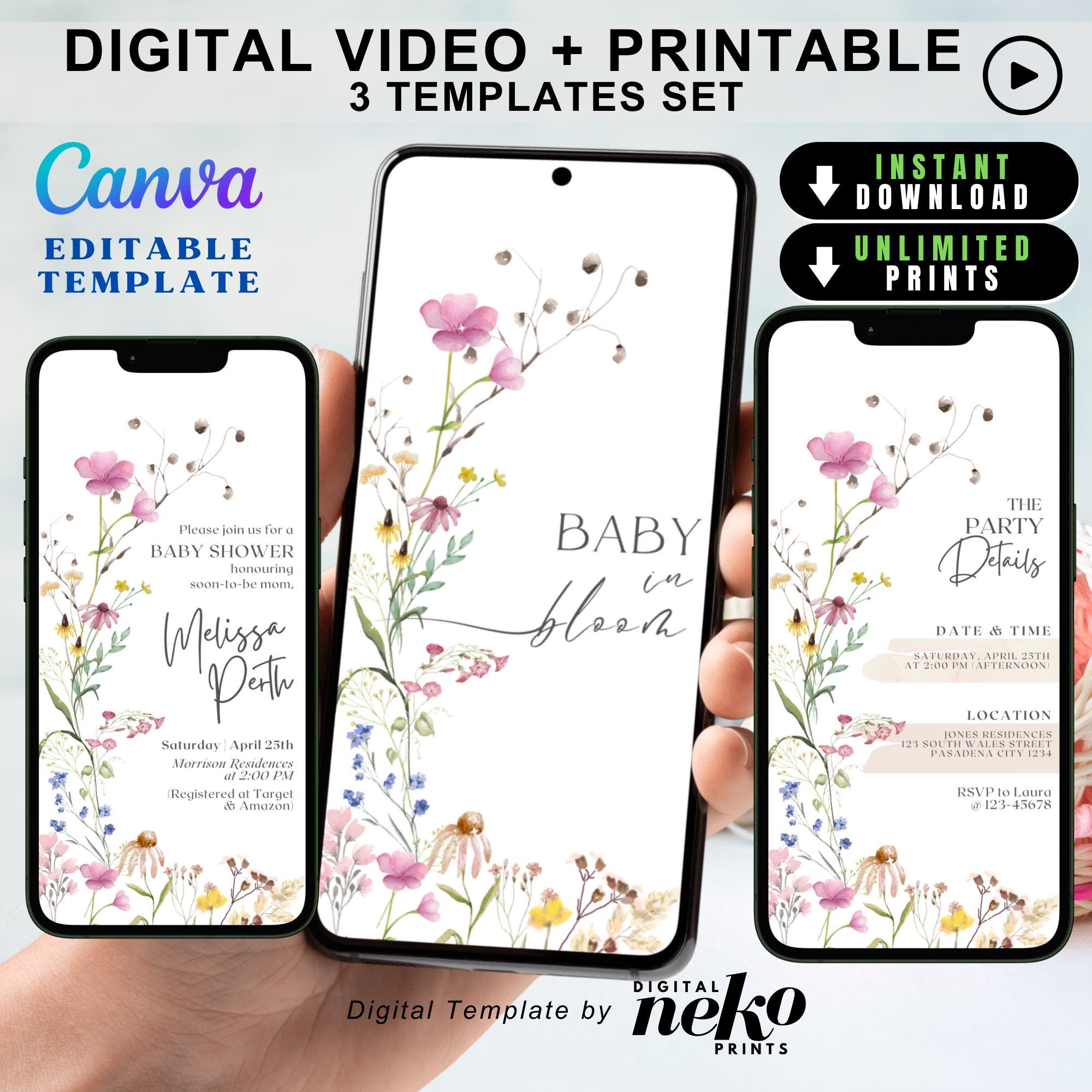 Baby in Bloom Baby Shower Invitation: Wildflower Baby Shower Invite, Video Flower Bloom Boho Floral Spring Baby Shower Evite, Canva Editable