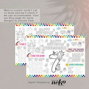 Printable Unicorn Party Coloring Placemat, Girl Birthday Party Placemat ...