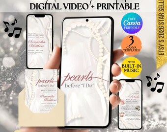 Bridal Shower Invite Pearls, Digital Modern Wedding Shower Evite, Minimalist Bridal Shower Evite, Canva Blush Pink Bows Bridal Shower Evite,