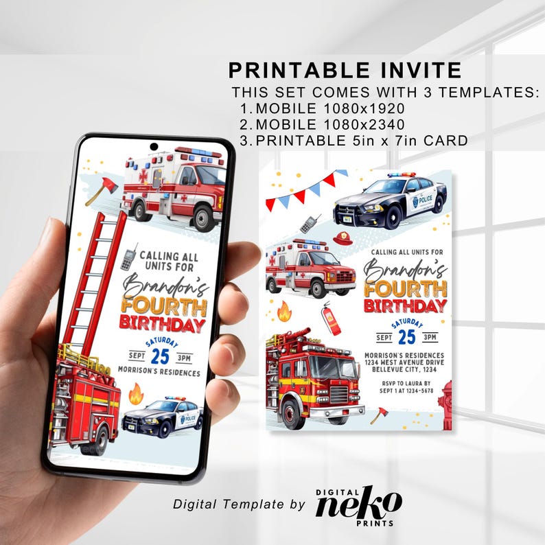 Emergency Invitation Birthday Fire Brigade: Police Vehicles Birthday ...