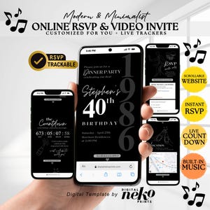 Online Party Invitation RSVP: Live Response Tracker & Scrollable Webpage Video Invite, Custom for You Any Age Black Theme w/ Countdown Timer