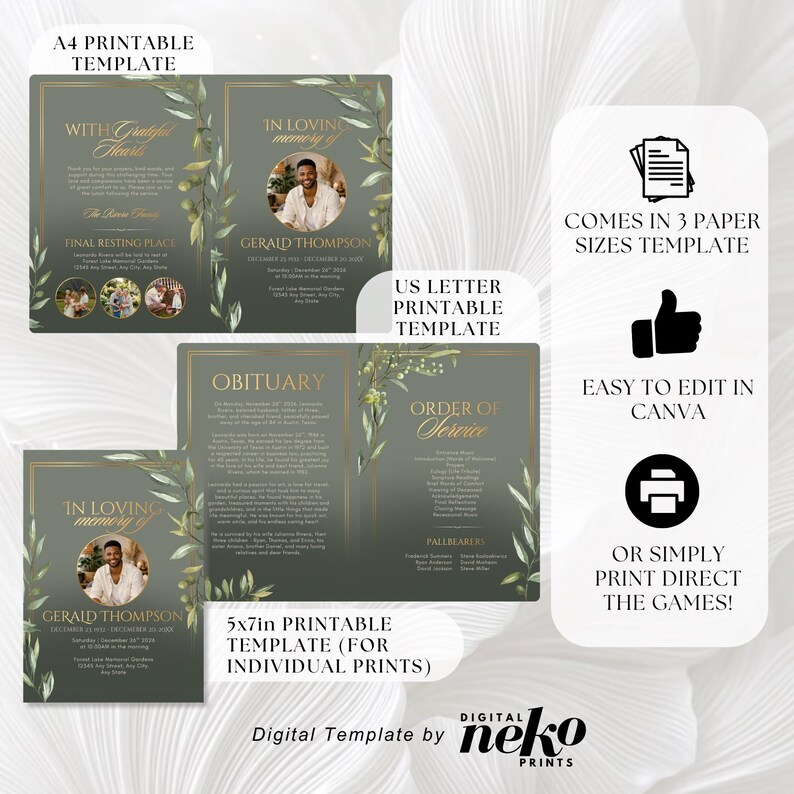 Sage Green Memorial Program Template: in Memory Of, Minimalist ...