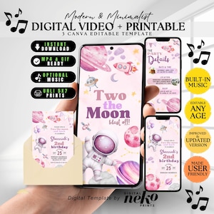 Invitación digital a la Luna: Planetas rosa pastel, astronauta, video imprimible y editable en Canva con música.