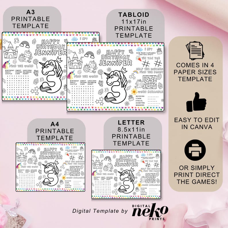 Birthday Unicorn Color Sheet Coloring Placemat for Kids, Modern ...
