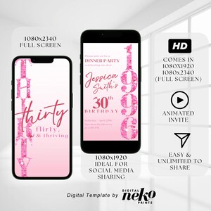 Pink 30th Invite, 30th Birthday Party Invitation, Rose Gold Pink Balloons, Digital 30th Glam Dinner Invite Template, Diamond Video Editable Brunch Itinerary, Digital 30th Birthday Invitation, 30th E-Invite, 30th Birthday Evite, 30th Party Invitation, Digital 30th Invitation, Digital Invitation, Digital 30th Birthday Party Video Invitation, 30th Glam Invite, Animated Black Gold Silver Diamond Evite, Self Editable Itinerary eCard by DigitalNekoPrints