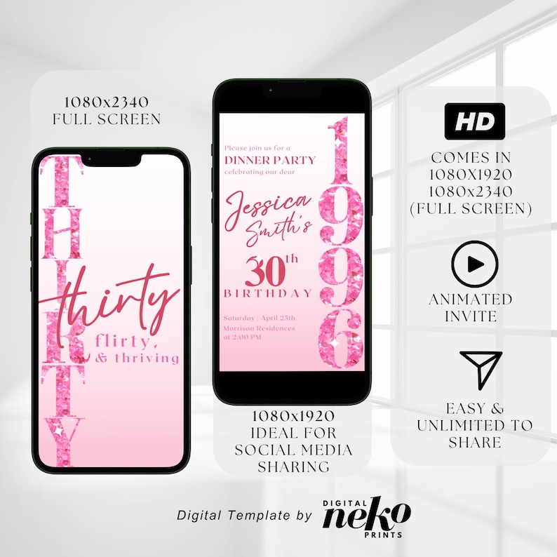 Pink 30th Invite, 30th Birthday Party Invitation, Rose Gold Pink Balloons, Digital 30th Glam Dinner Invite Template, Diamond Video Editable Brunch Itinerary, Digital 30th Birthday Invitation, 30th E-Invite, 30th Birthday Evite, 30th Party Invitation, Digital 30th Invitation, Digital Invitation, Digital 30th Birthday Party Video Invitation, 30th Glam Invite, Animated Black Gold Silver Diamond Evite, Self Editable Itinerary eCard by DigitalNekoPrints
