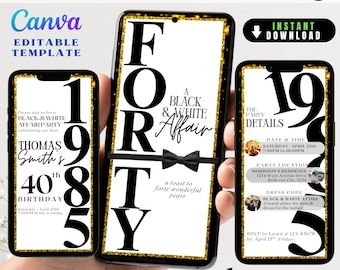 Modern 40th Invite Black and White Affair Invite, Minimalist 40th Evite Birthday for Adult Men Invite, Formal Editable 40th Birthday Invite