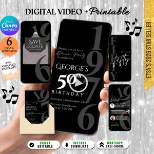 Modern 50th Invite For Men: Minimalist For Him Black Birthday Invitation Born in 1976, Animated Cheers to Fifty DIY Canva (Digital Download)
